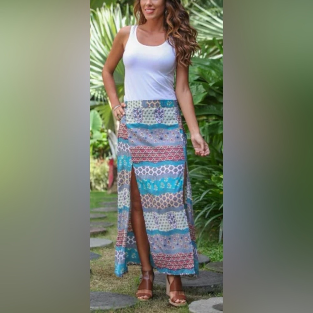 Boho Patchwork Maxi Skirt with Side Slit - Turquoise Multi